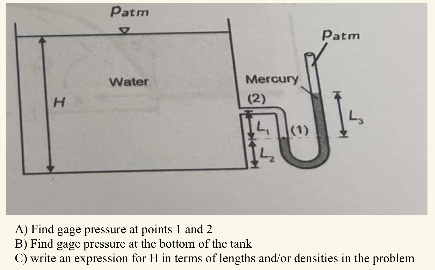 A ) Find gage pressure at points 1 and 2 B ) Find