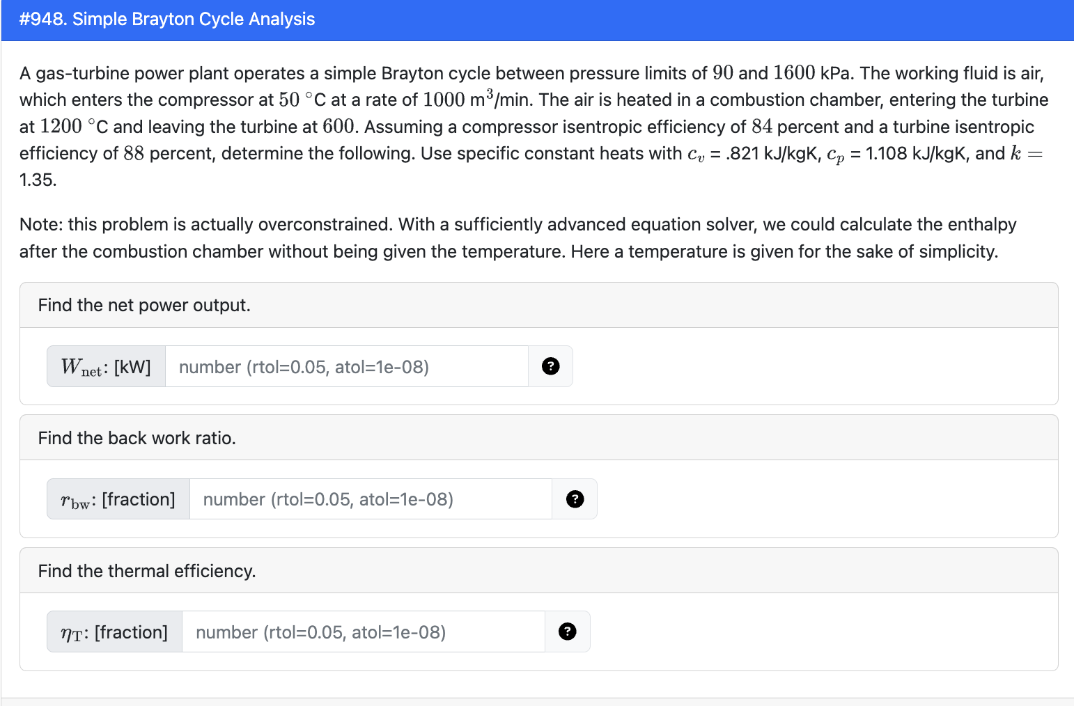 \ # 9 4 8 . Simple Brayton Cycle Analysis A gas -