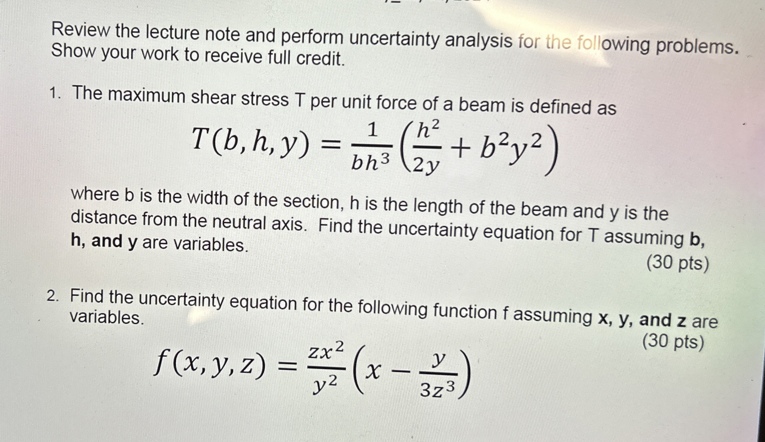 Review the lecture note and perform uncertainty