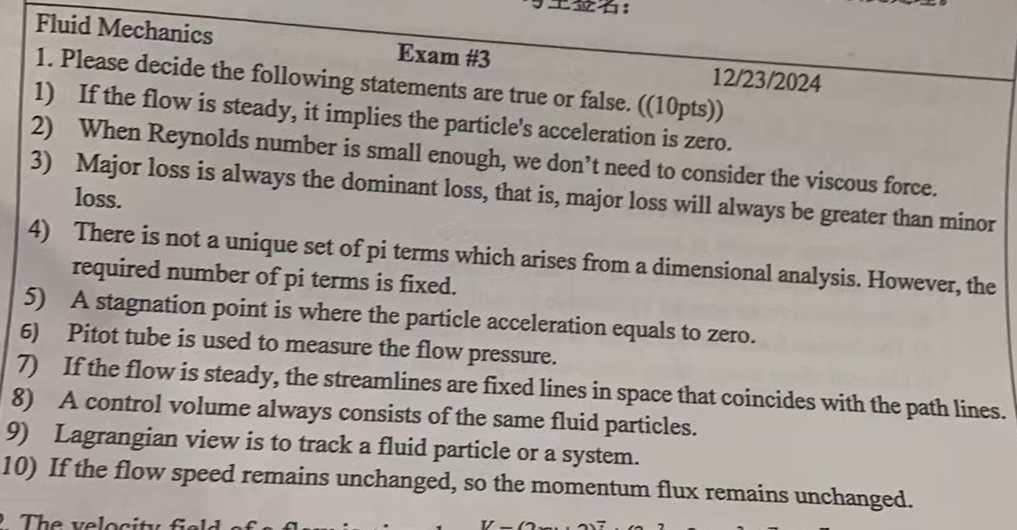 Fluid Mechanics Exam # 3 1 2 / 2 3 / 2 0 2 4
