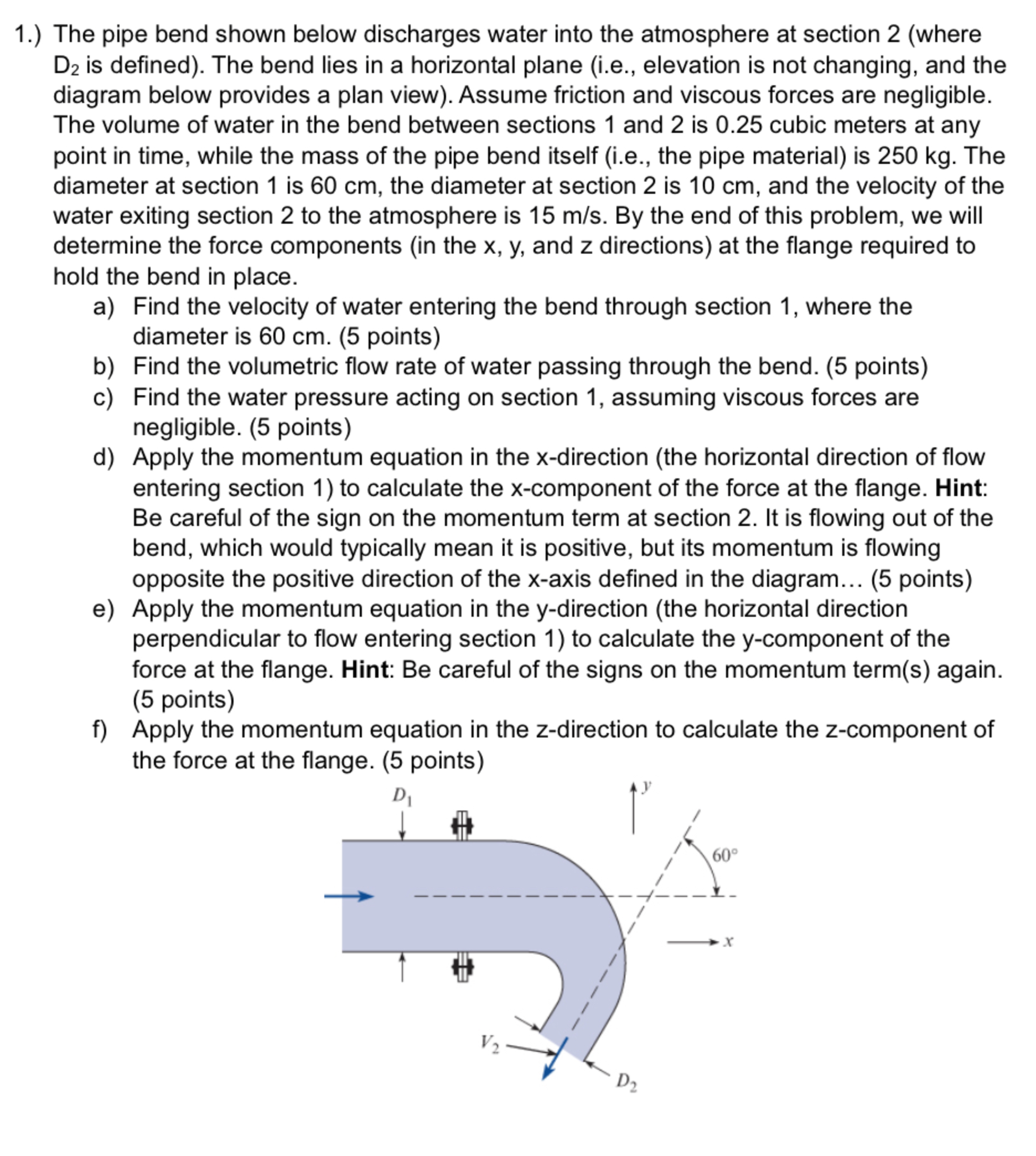 1 . ) The pipe bend shown below discharges water