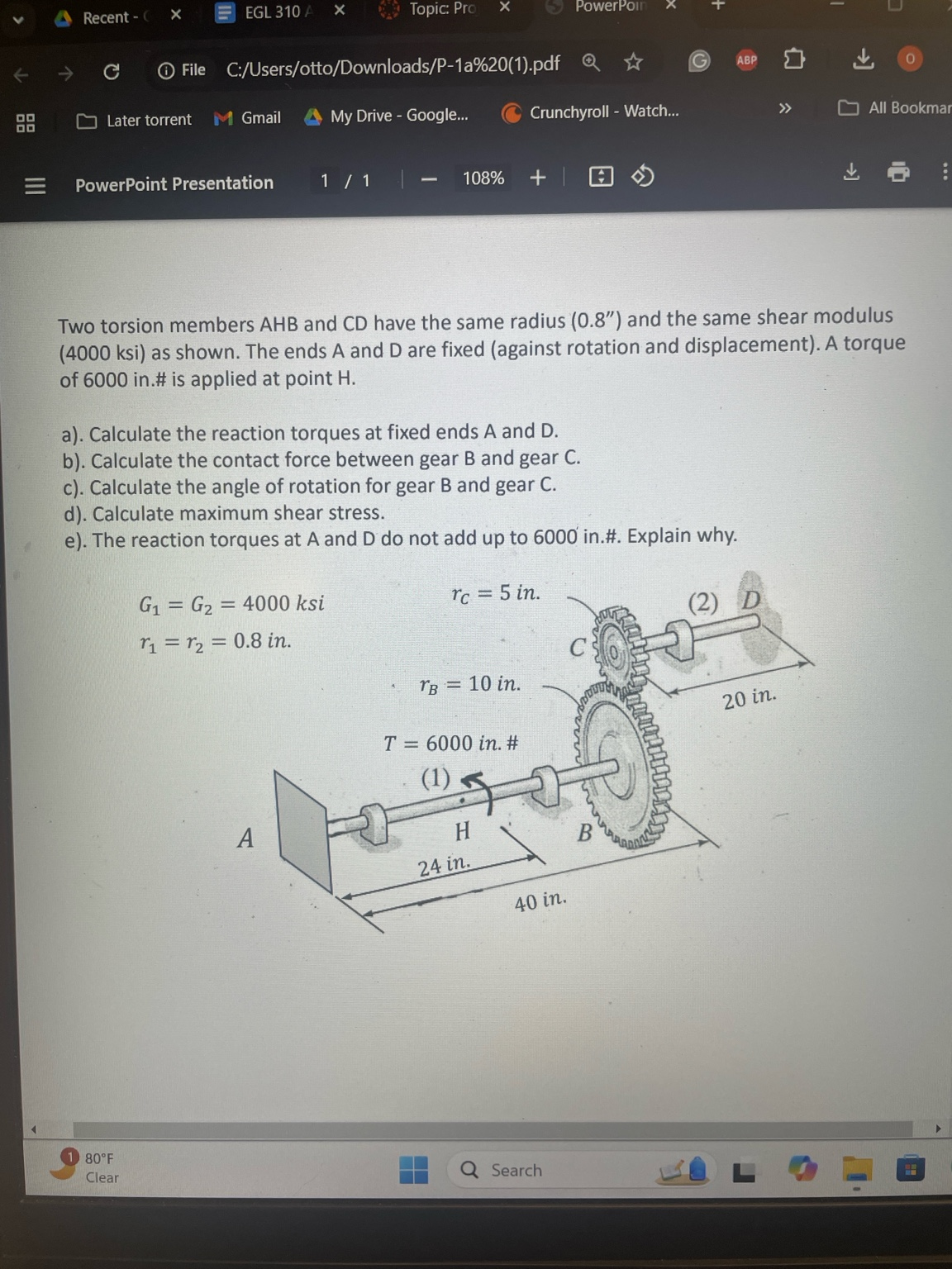 Two torsion members AHB and CD have the same