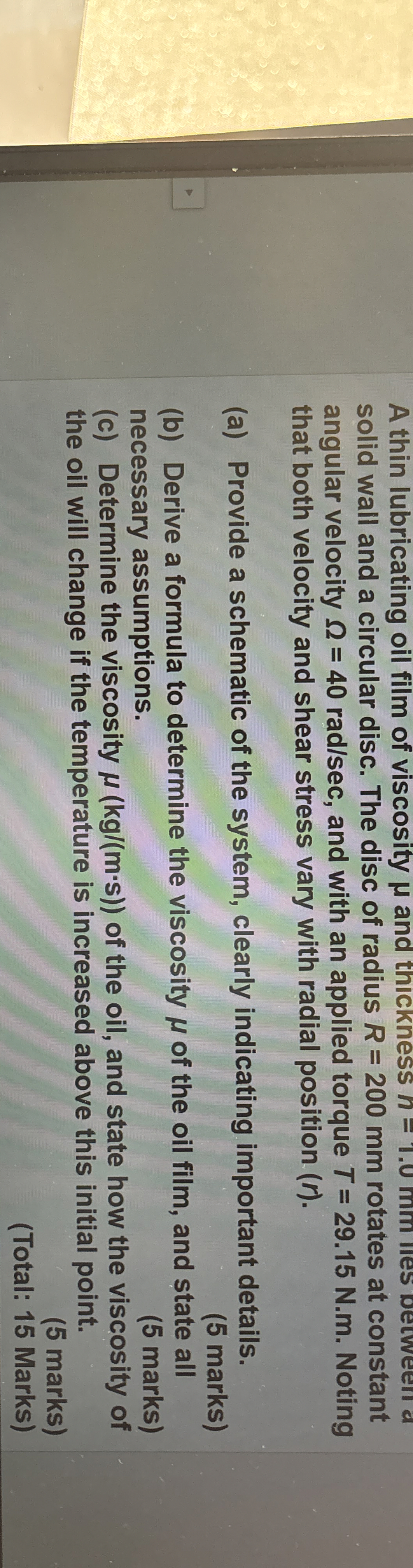 A thin lubricating oil film of viscosity and