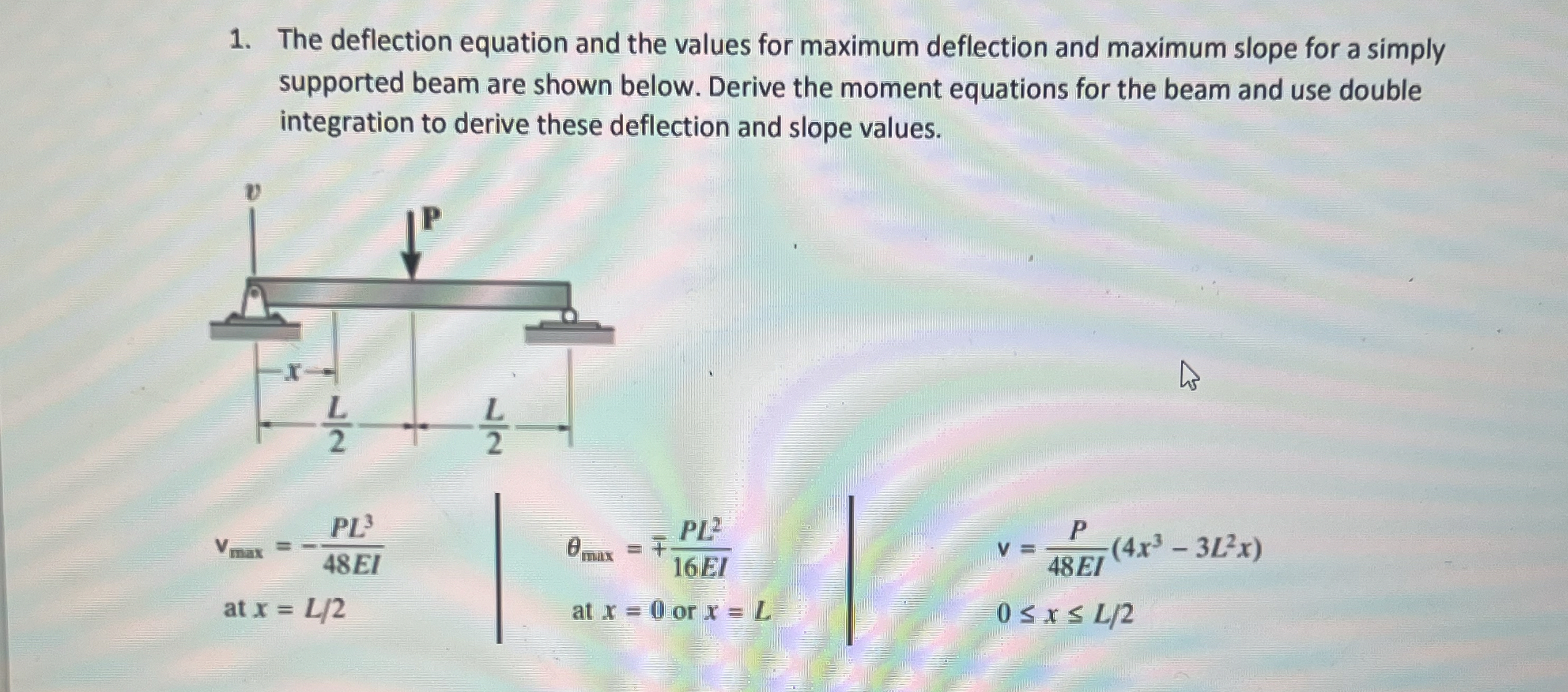 The deflection equation and the values for