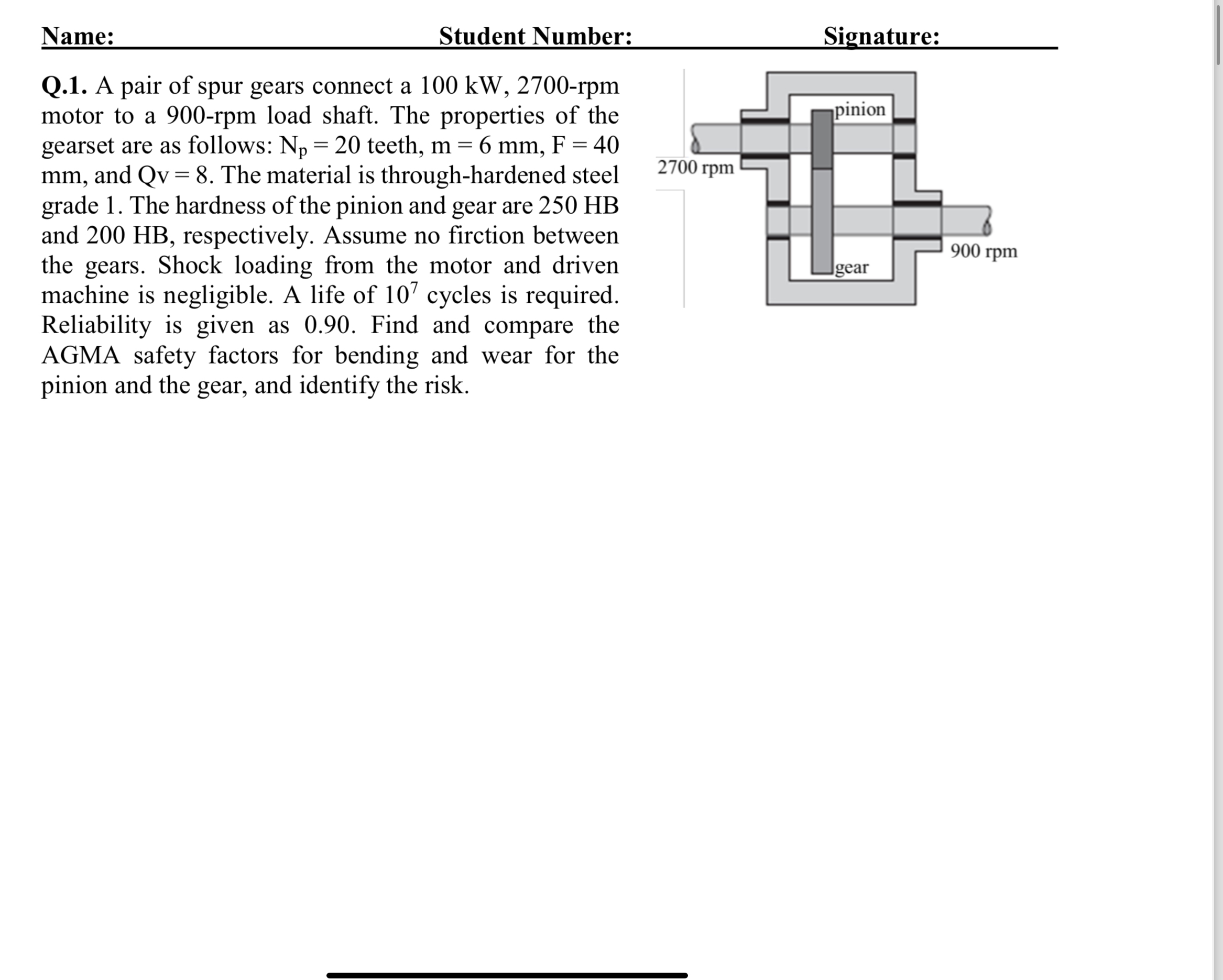 Q . 1 . A pair of spur gears connect a 1 0 0 k W