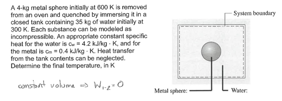 A 4 - kg metal sphere initially at 6 0 0 K is