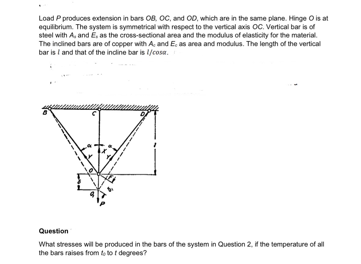 Load P produces extension in bars O B , O C , and