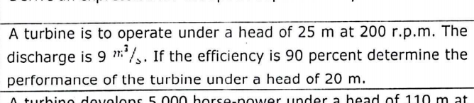 A turbine is to operate under a head of 2 5 m at