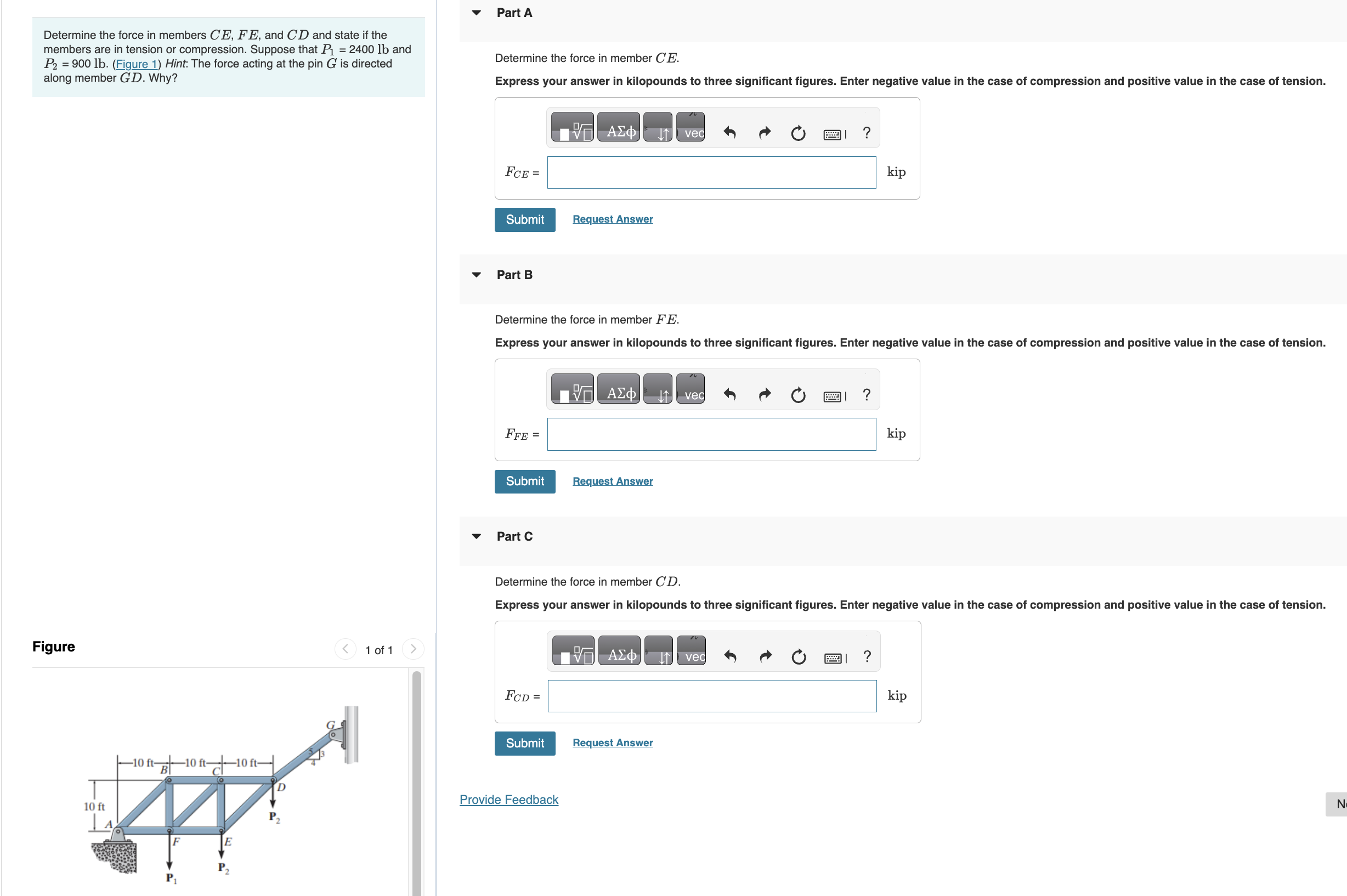 Determine the force in members CE , FE , and CD