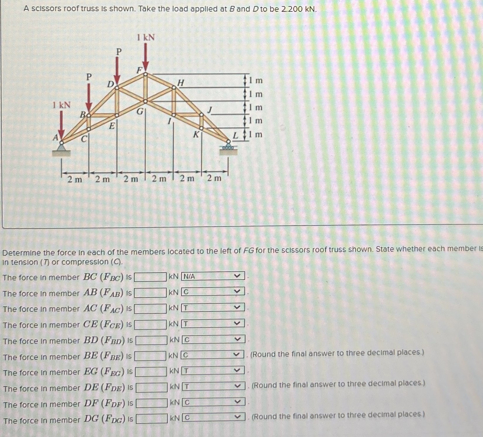 A scissors roof truss is shown. Take the load