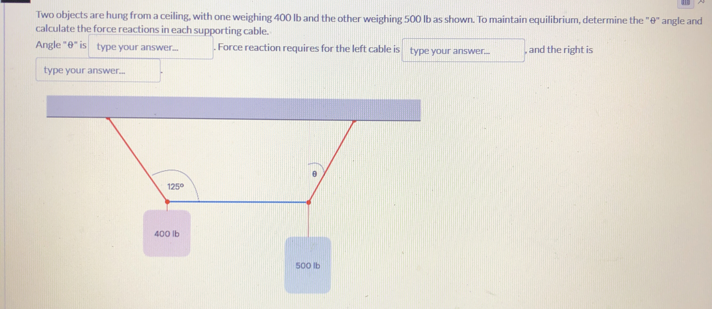 Two objects are hung from a ceiling, with one