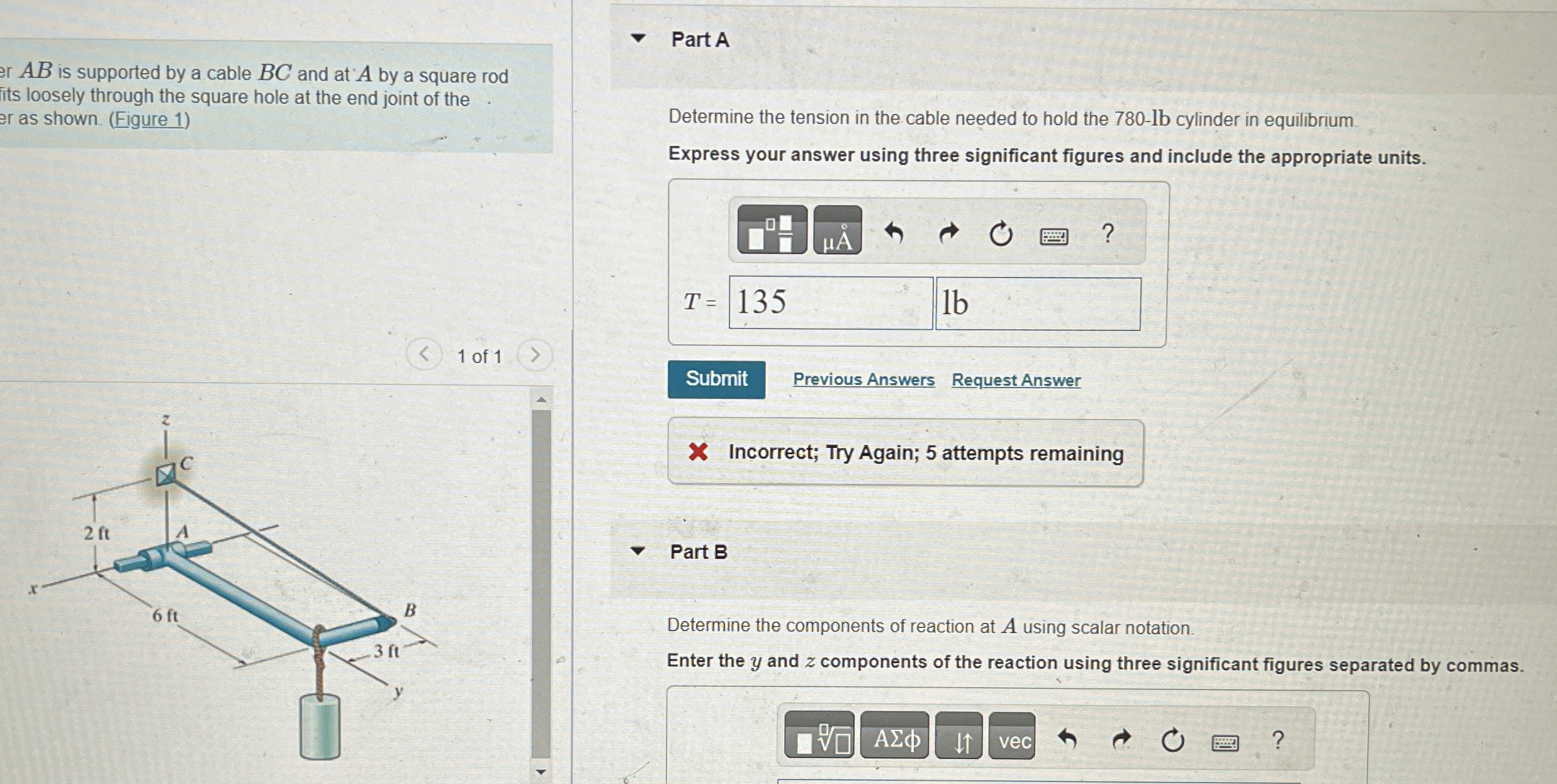 A B is supported by a cable B C and at A by a