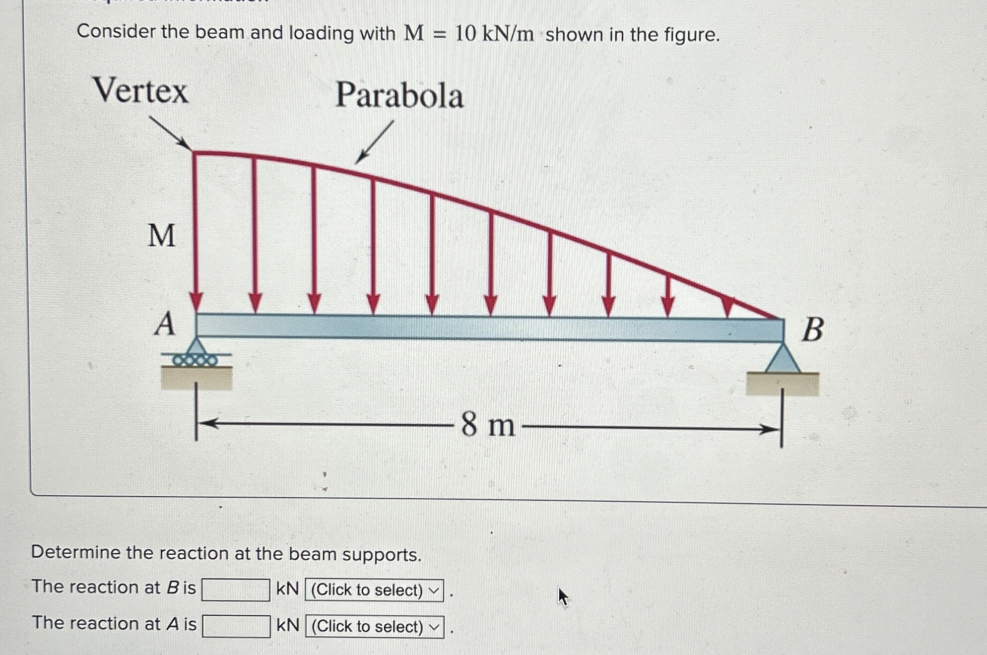 Consider the beam and loading with M = 1 0 k N m