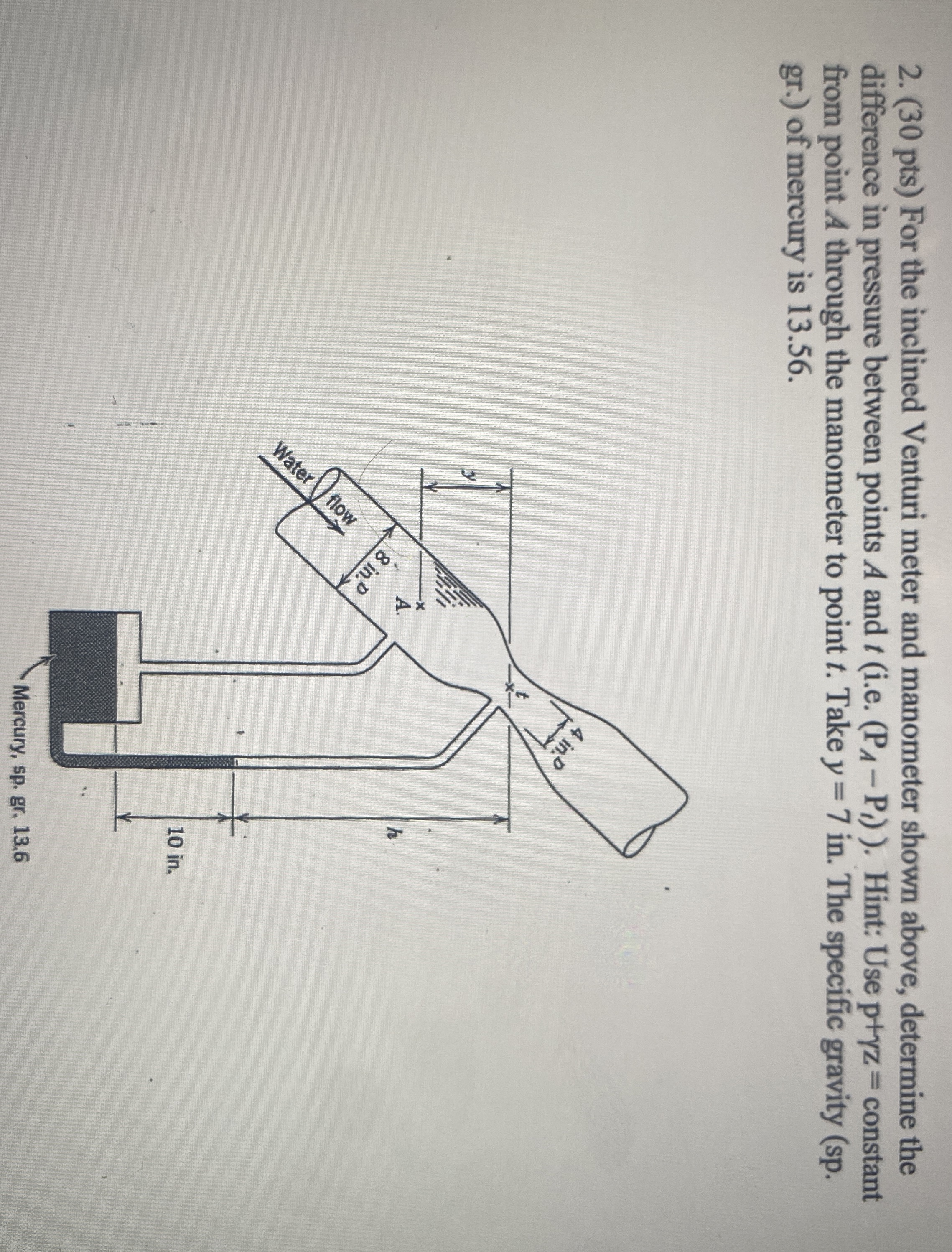 ( 3 0 pts ) For the inclined Venturi meter and