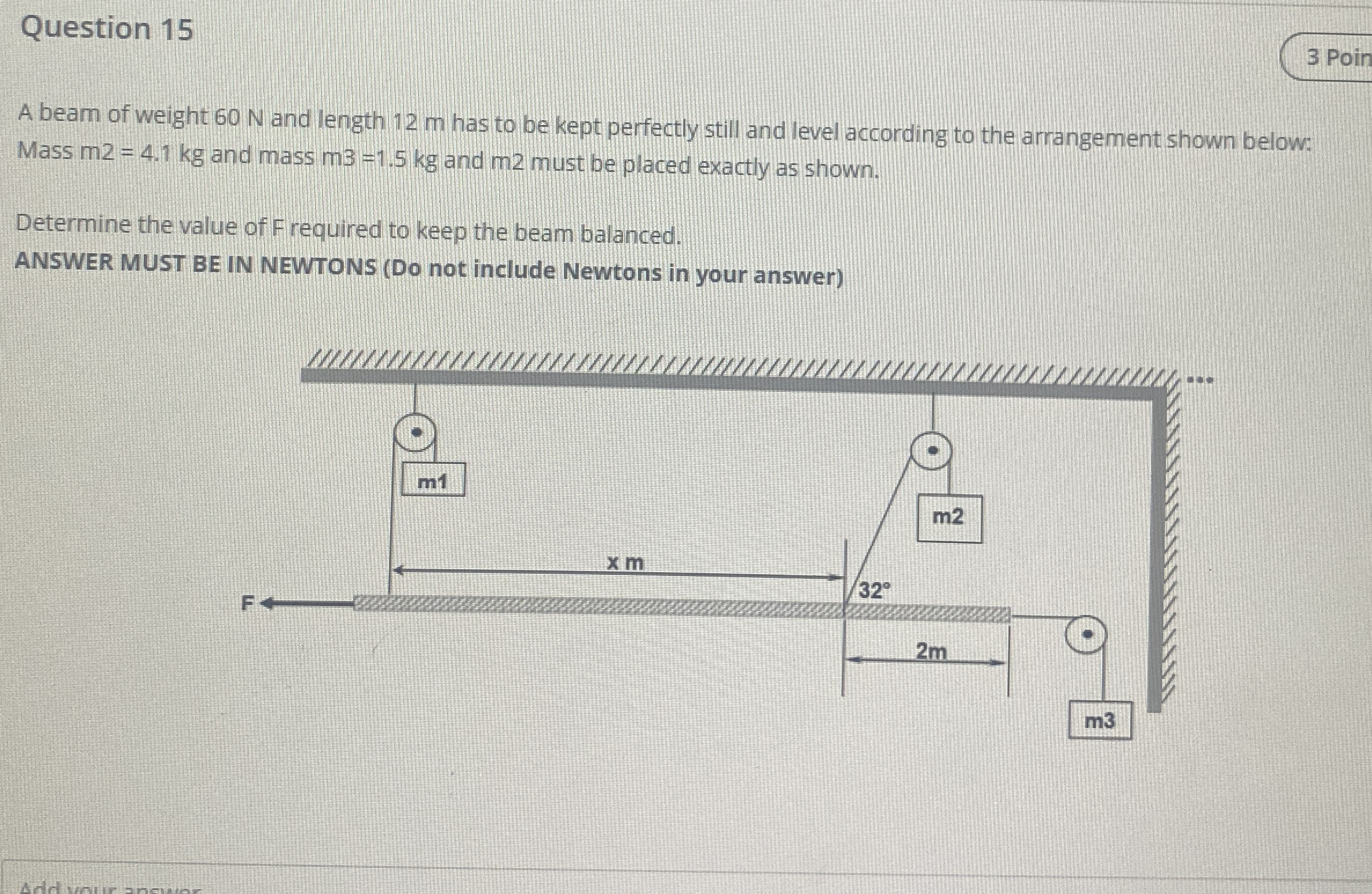 Question 1 5 A beam of weight 6 0 N and length 1