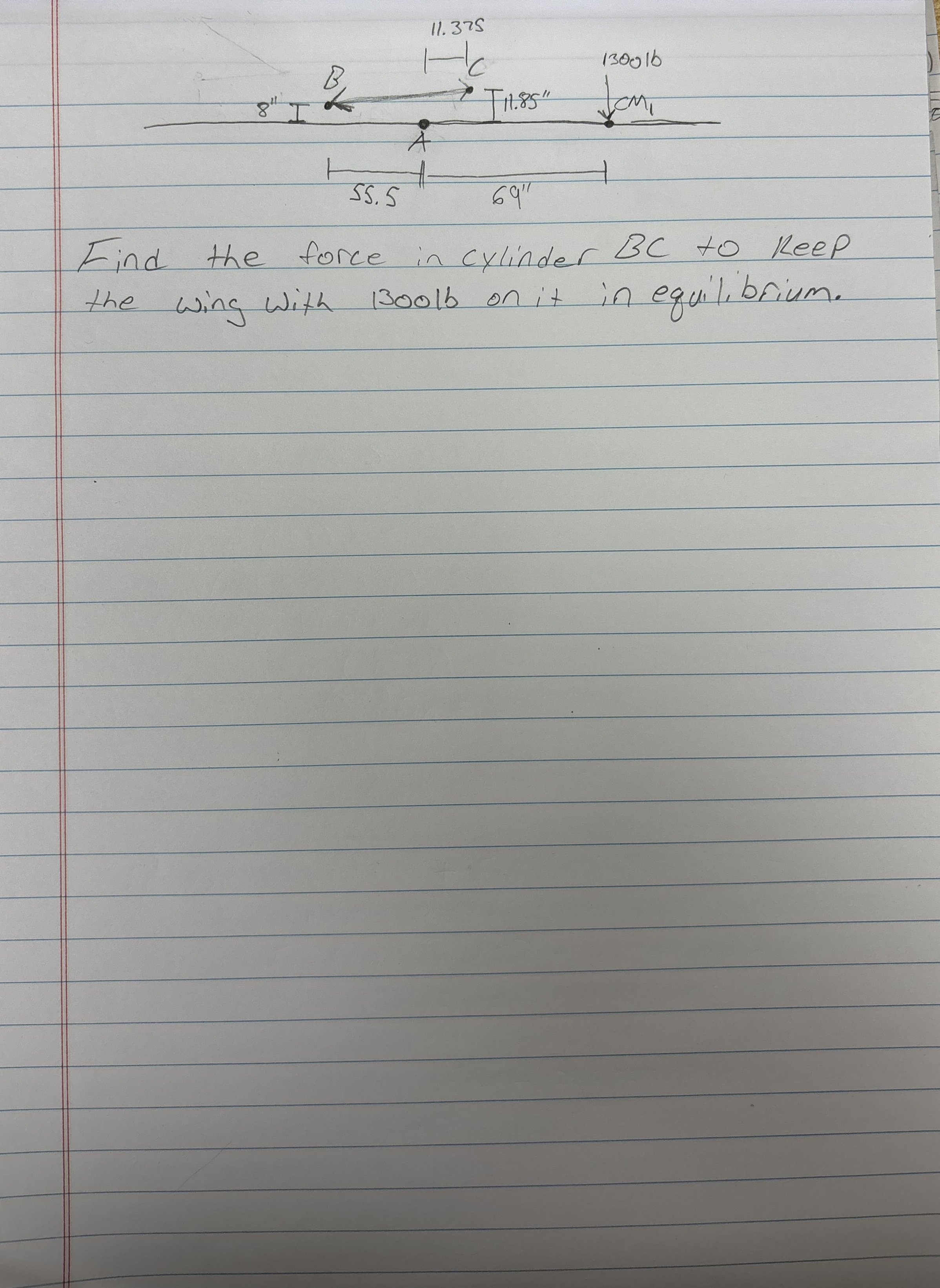 Find the force in cylinder B C to keep the wing