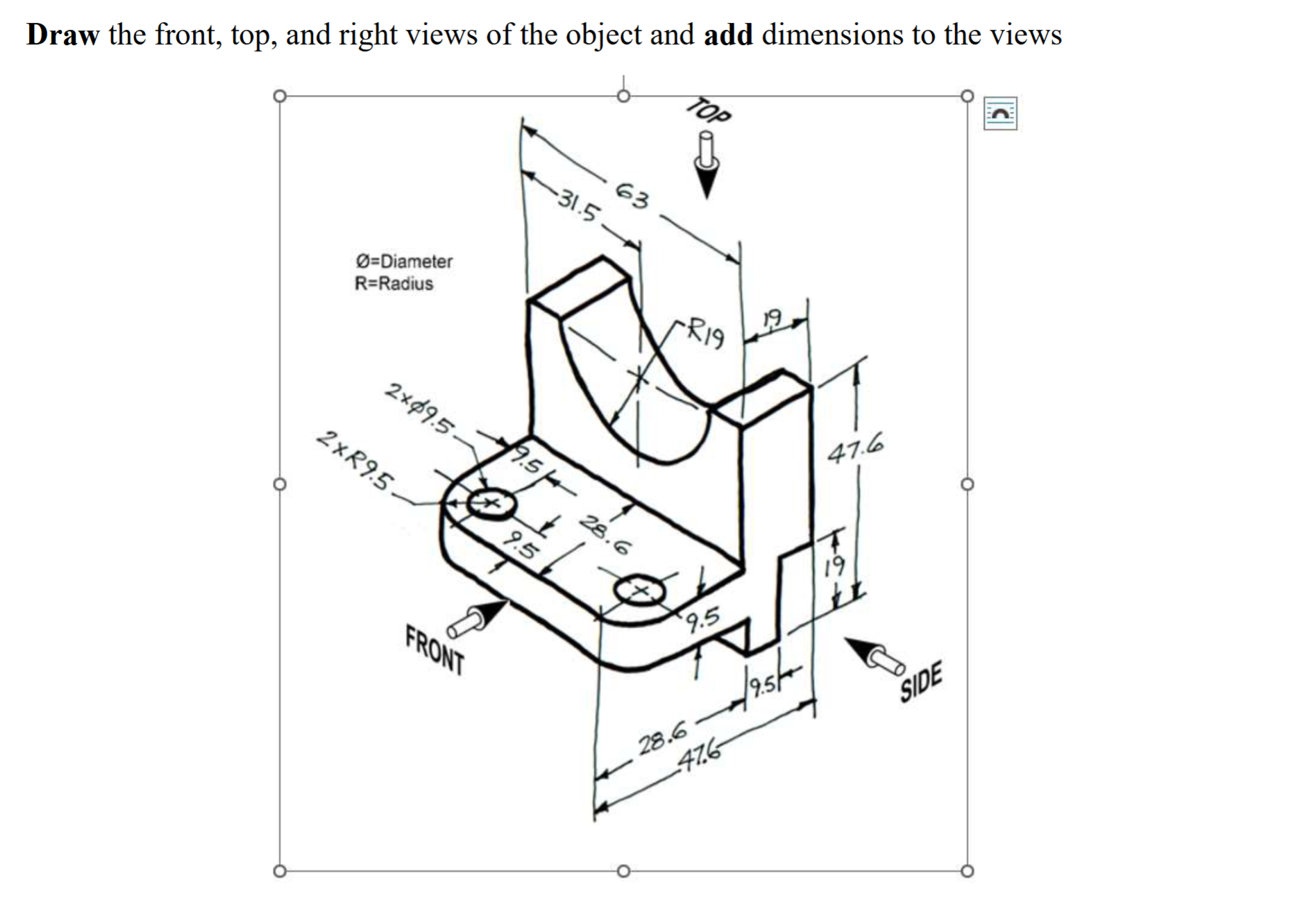 Draw the front, top, and right views of the