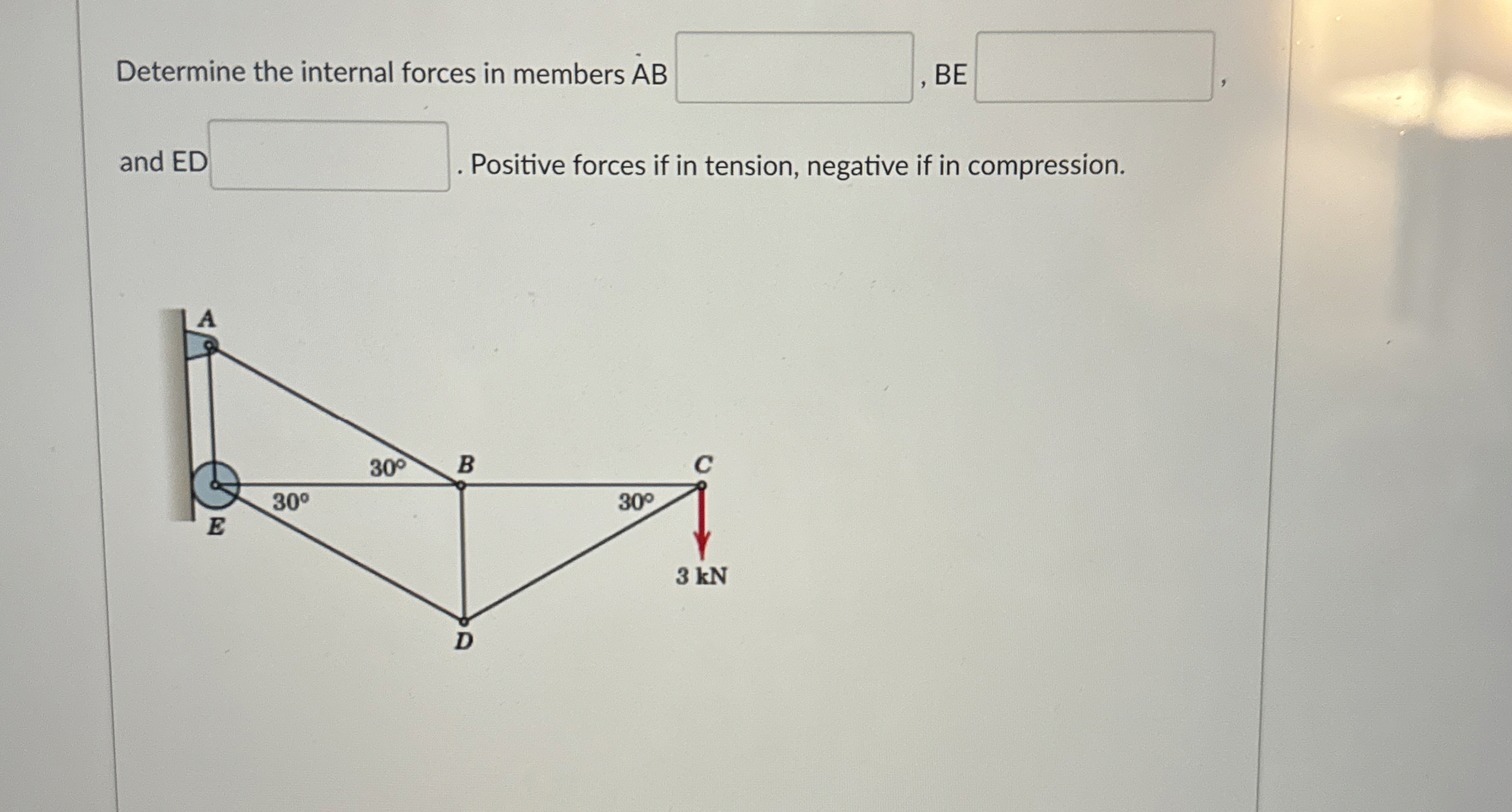 Determine the internal forces in members A B BE