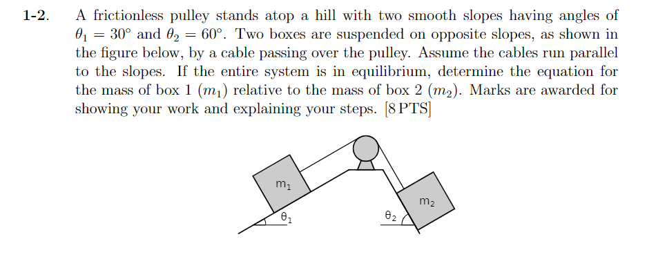 1 - 2 . A frictionless pulley stands atop a hill