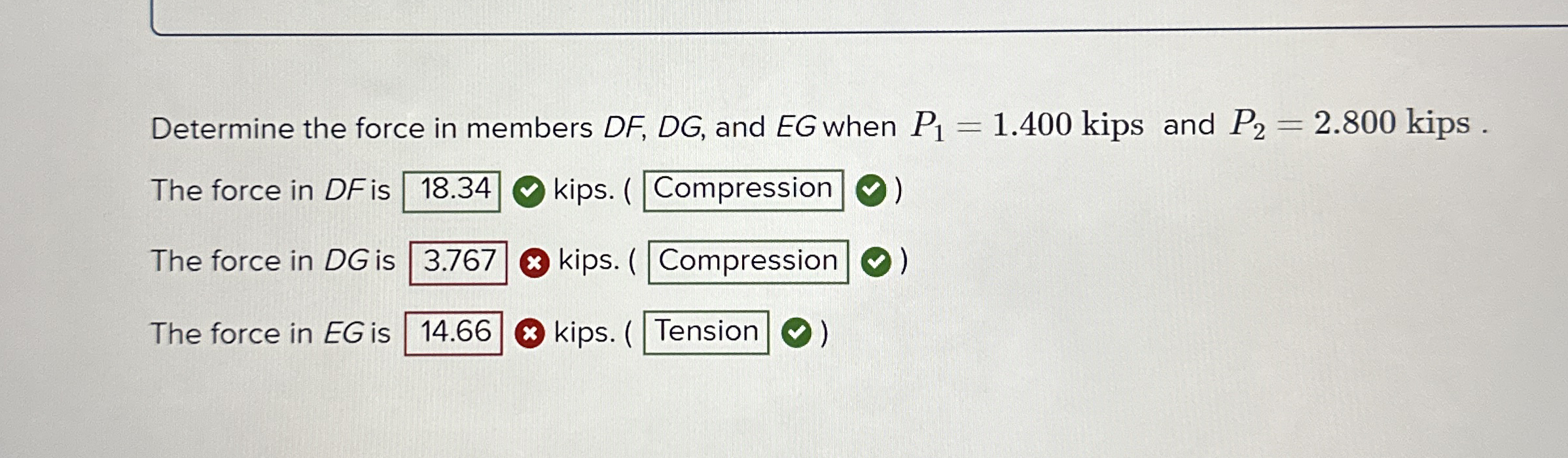 Determine the force in members D F , D G , and E