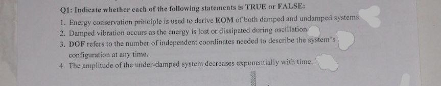 Q 1 : Indicate whether each of the following