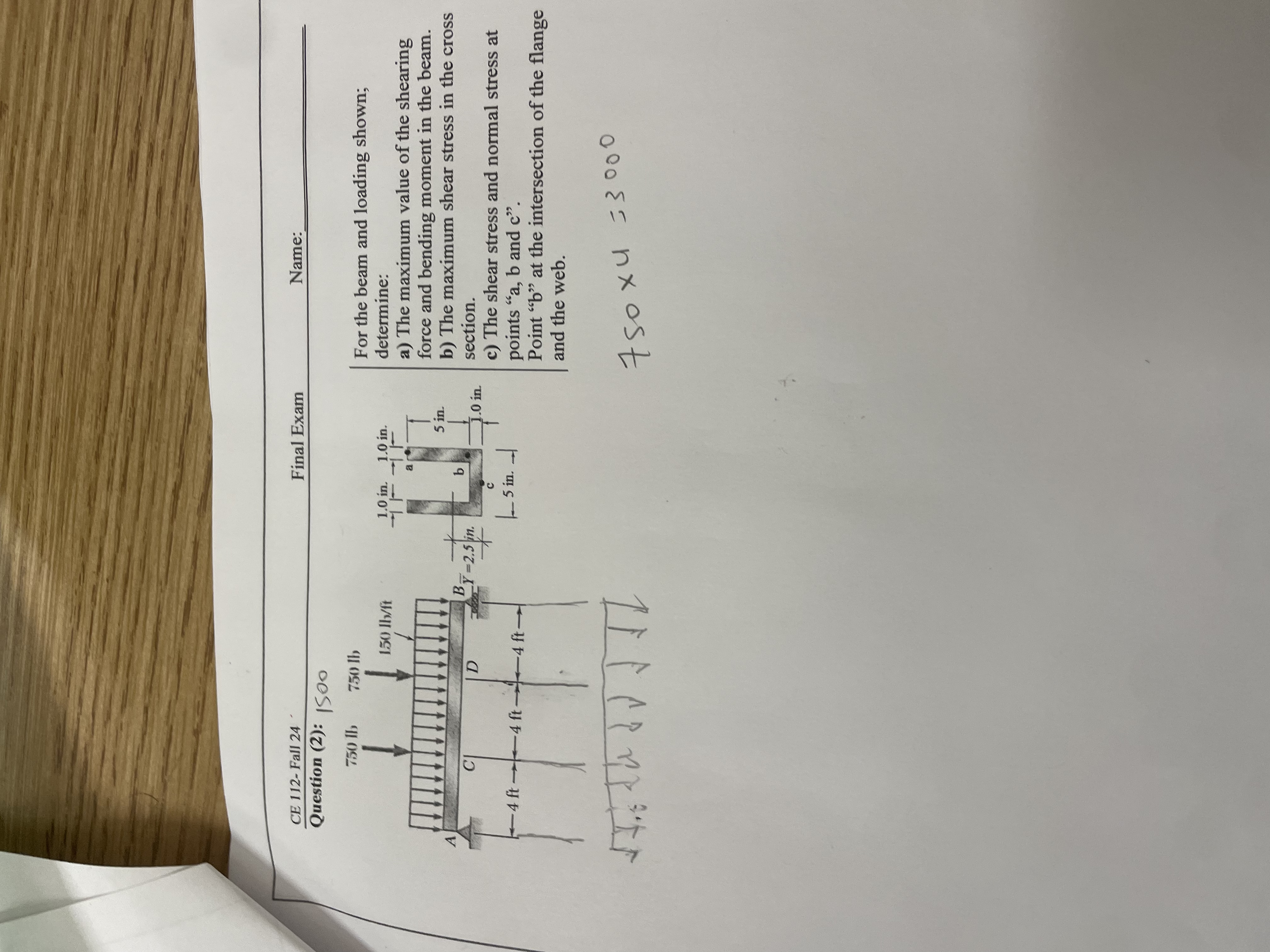 CE 1 1 2 - Fall 2 4 Final Exam Name: Question ( 2