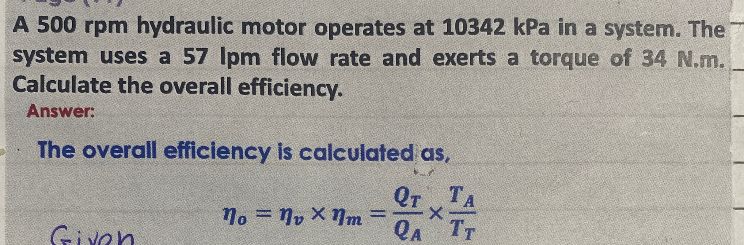 A 5 0 0 rpm hydraulic motor operates at 1 0 3 4 2