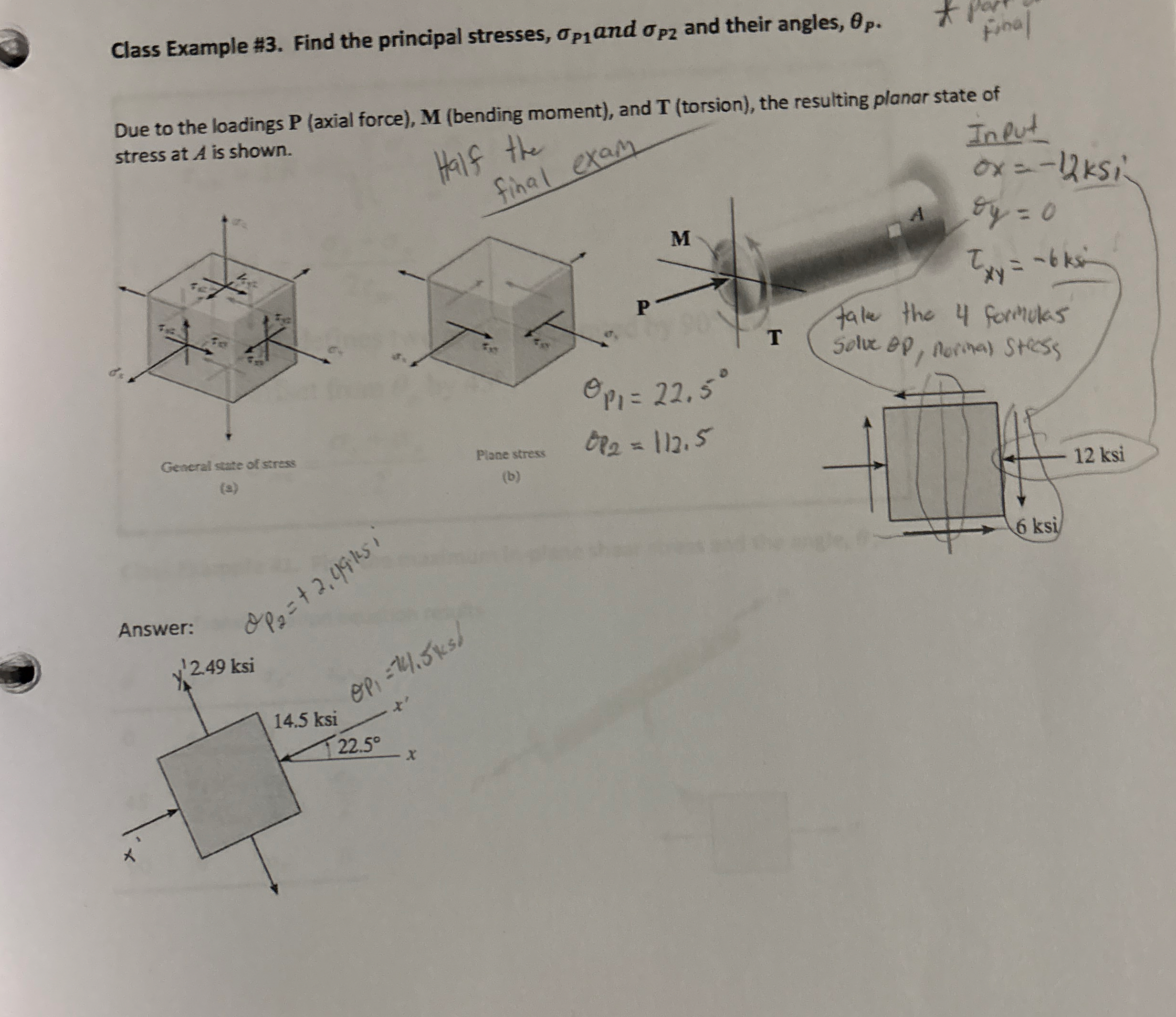 Class Example # 3 . Find the principal stresses,