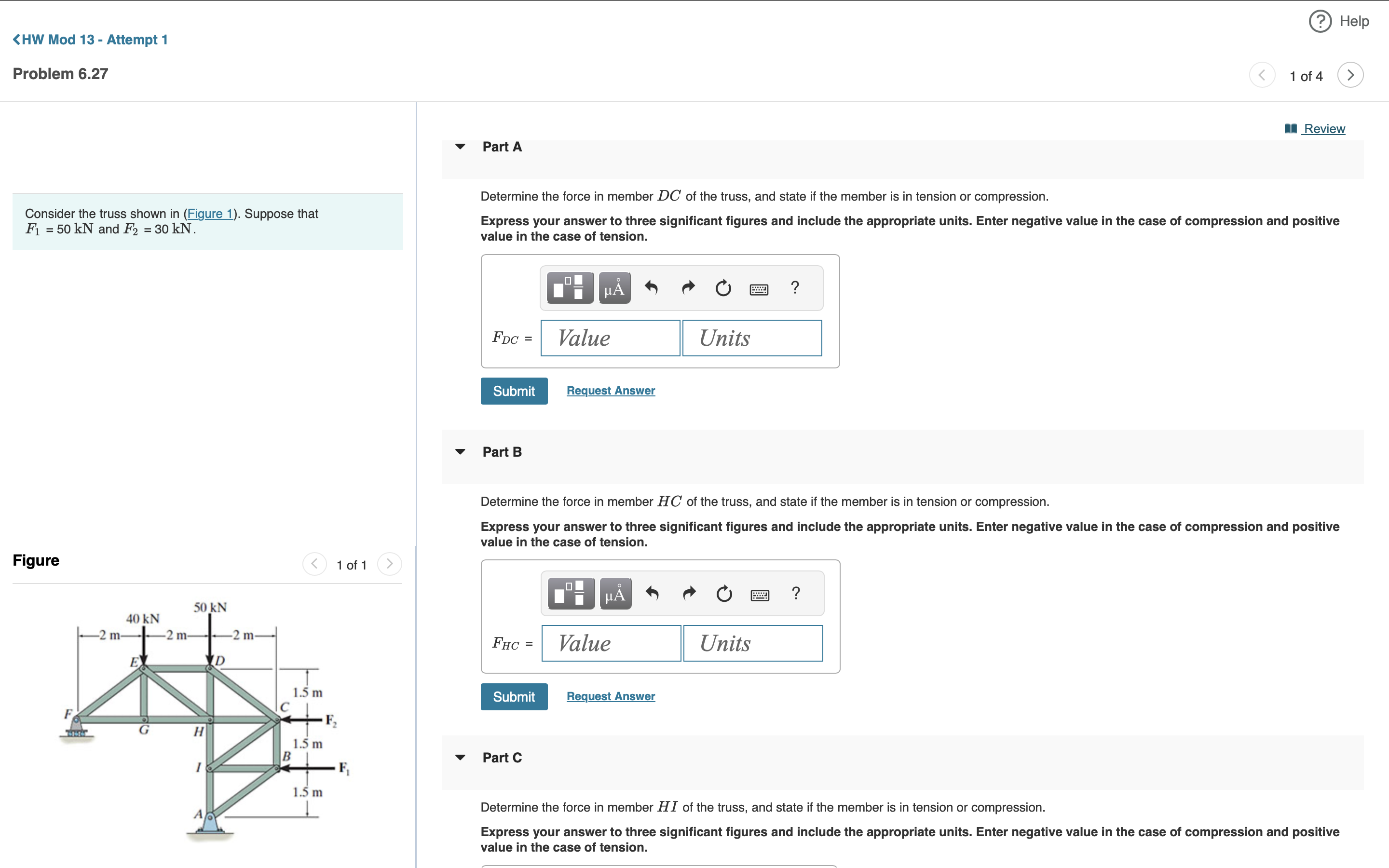 Part C Determine the force in member \ ( H I \ )