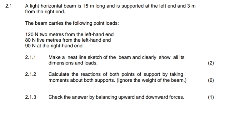2 . 1 A light horizontal beam is 1 5 m long and