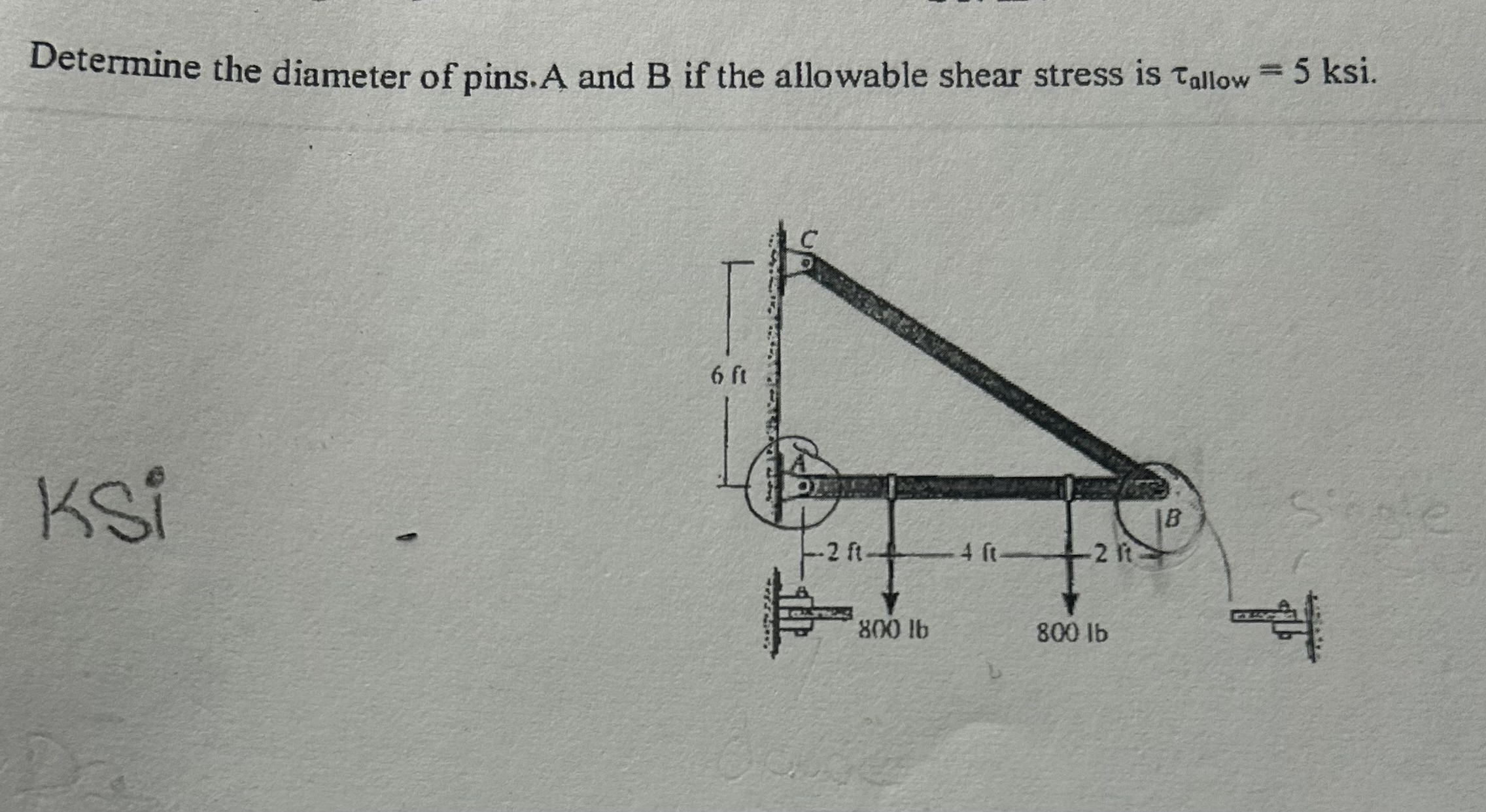 Determine the diameter of pins. A and B if the