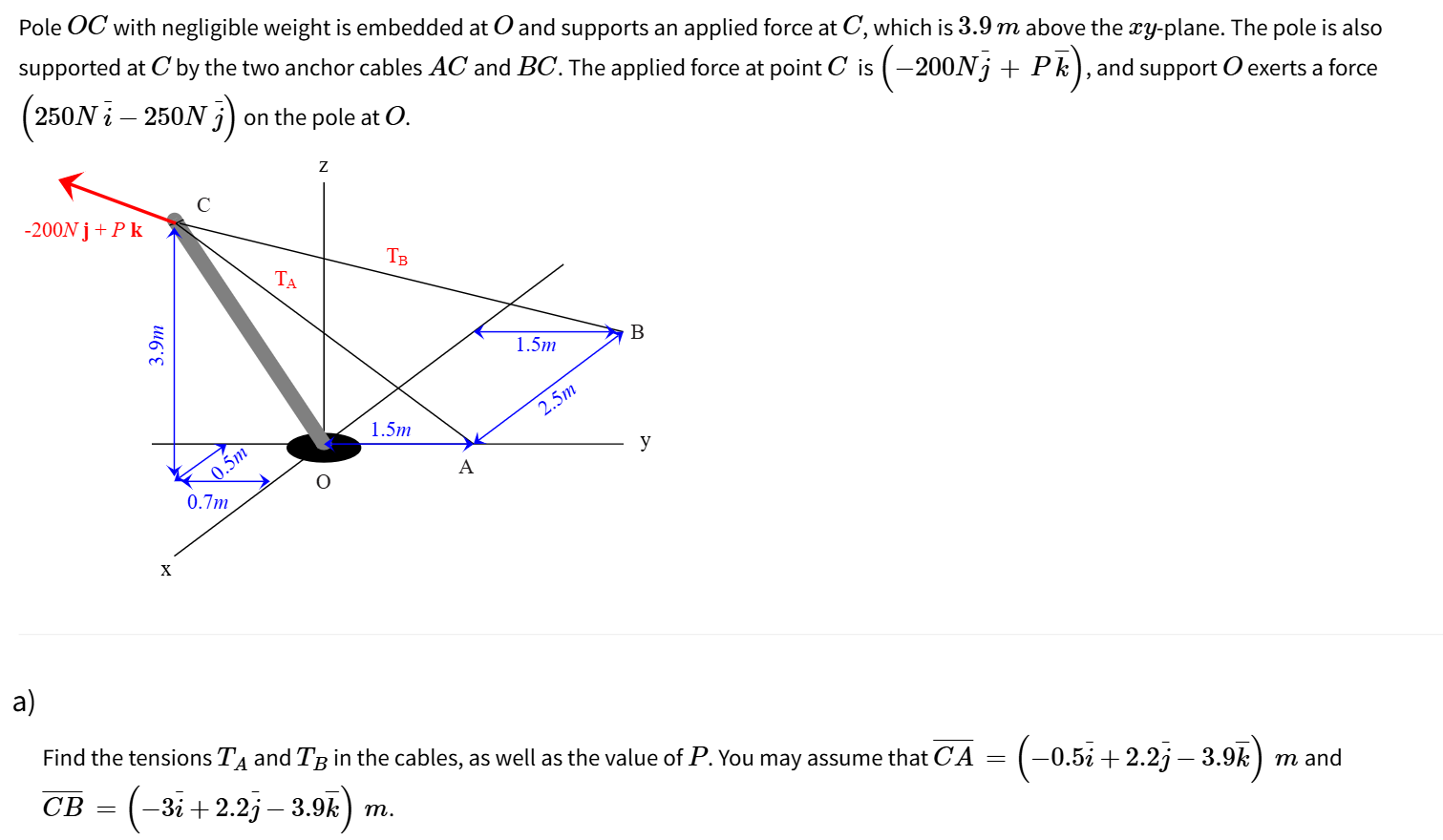 Find the tensions TA and TB in the cables, as