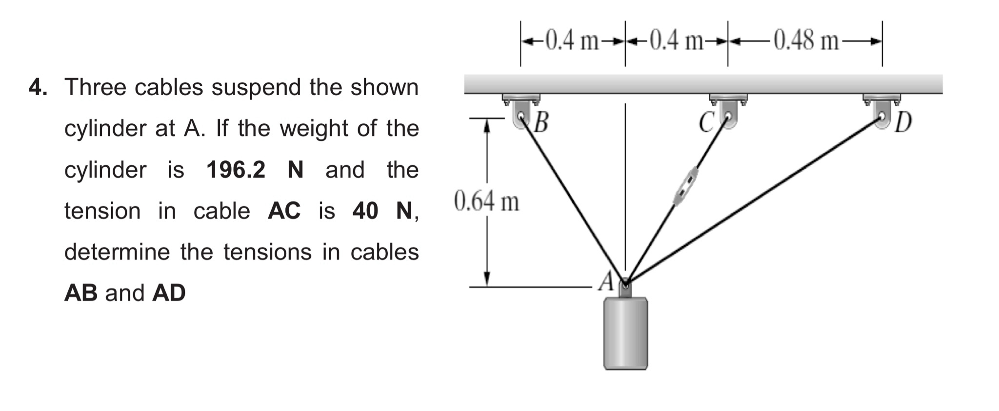 Three cables suspend the shown cylinder at A . If