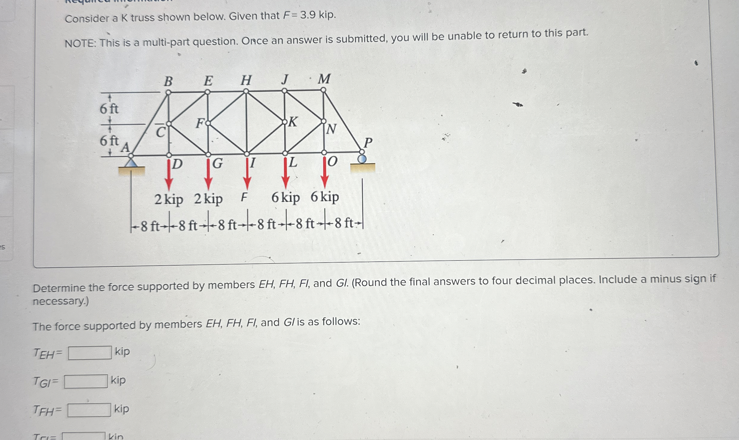 Consider a K truss shown below. Given that F = 3