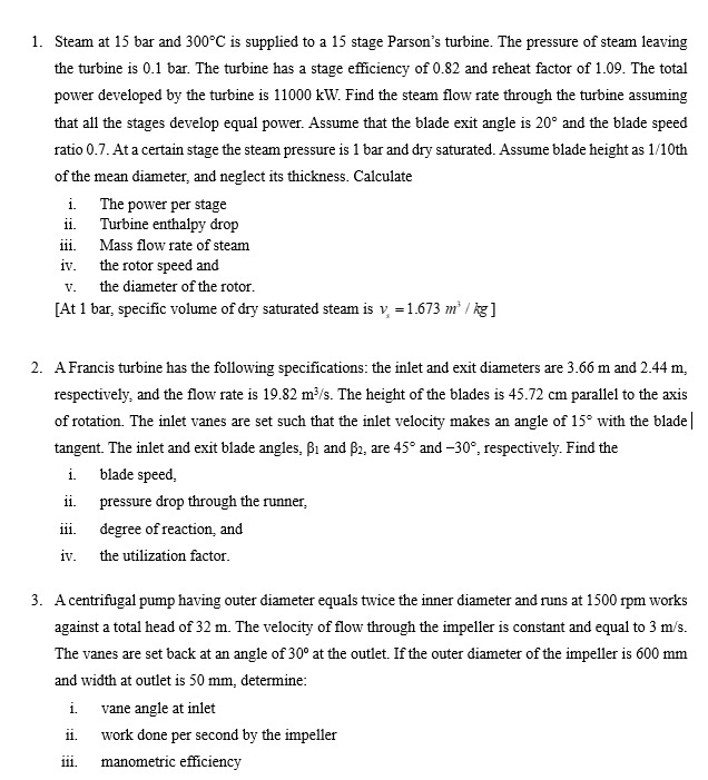 A Francis turbine has the following