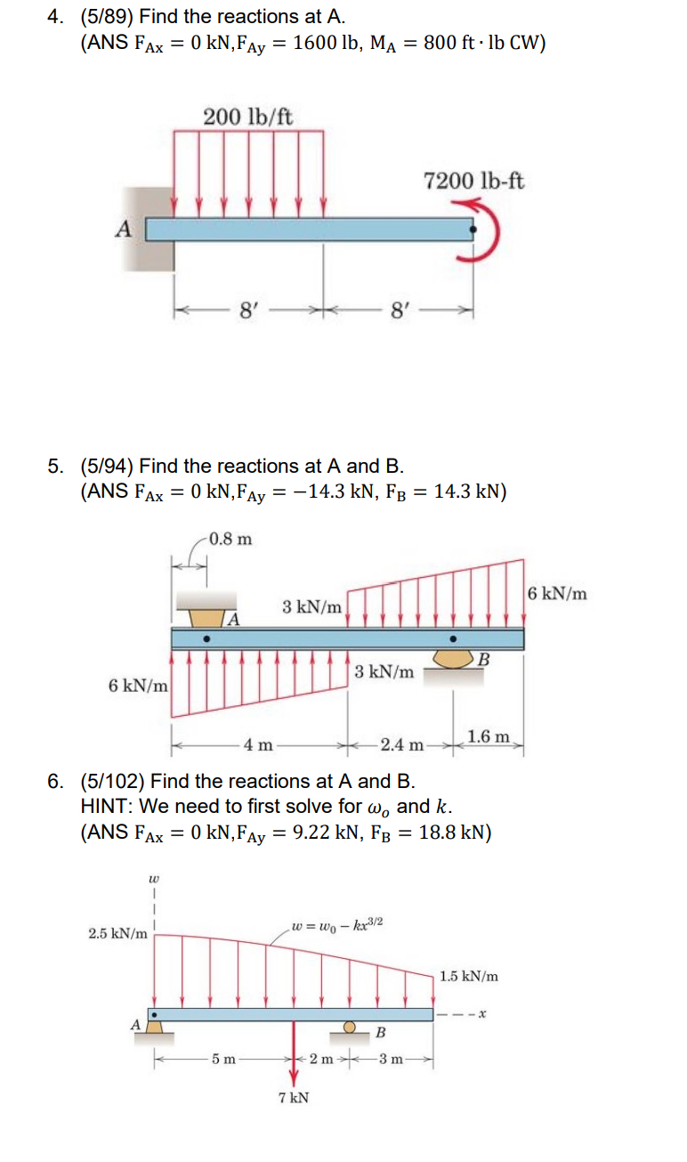 ( 5 8 9 ) Find the reactions at A .