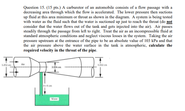Question 1 5 . ( 1 5 pts . ) A carburetor of an