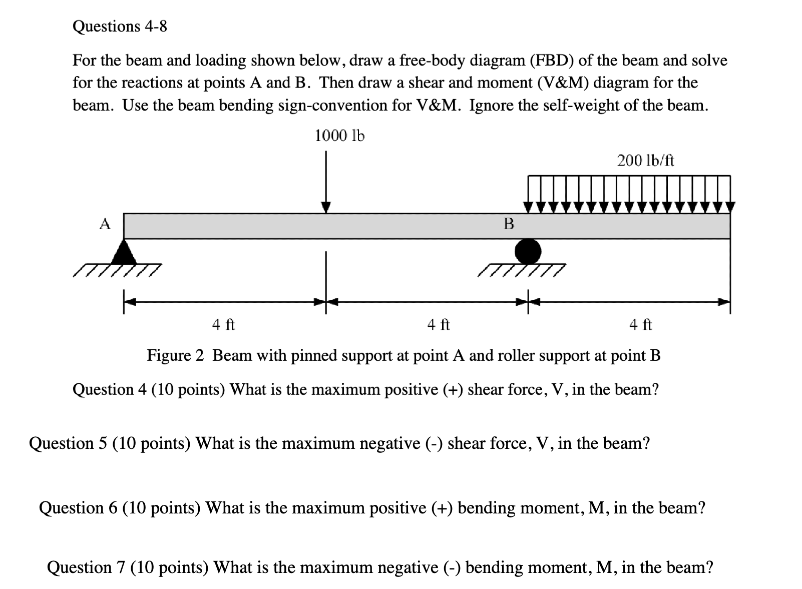 Questions 4 - 8 For the beam and loading shown