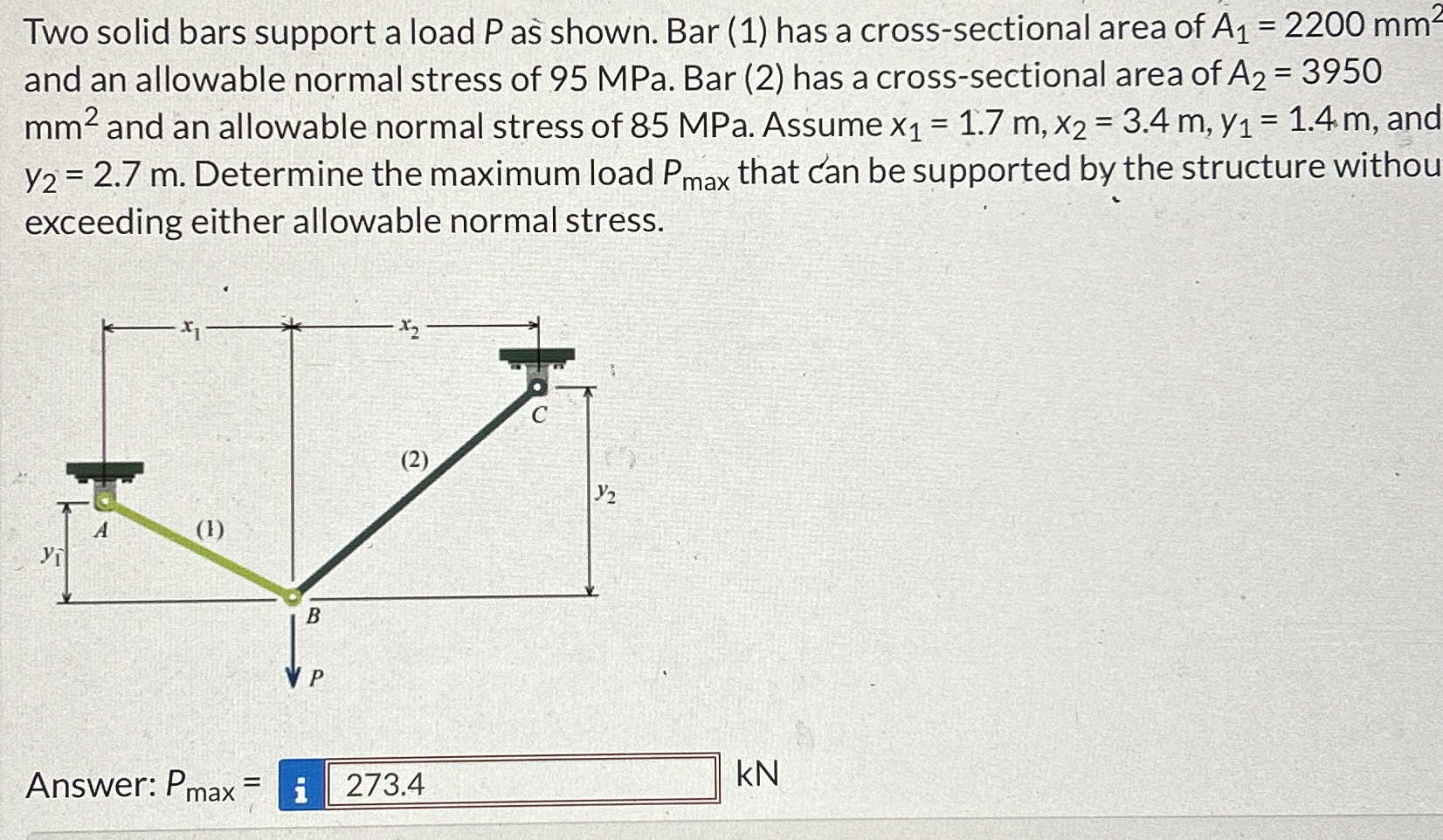 Two solid bars support a load P as shown. Bar ( 1