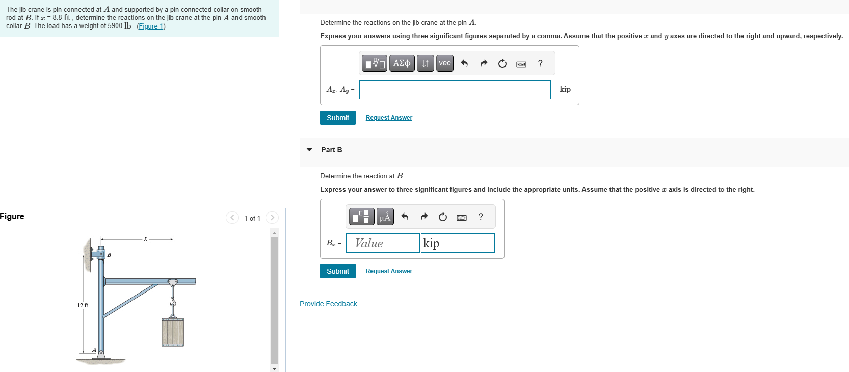 The jib crane is pin connected at \ ( A \ ) and