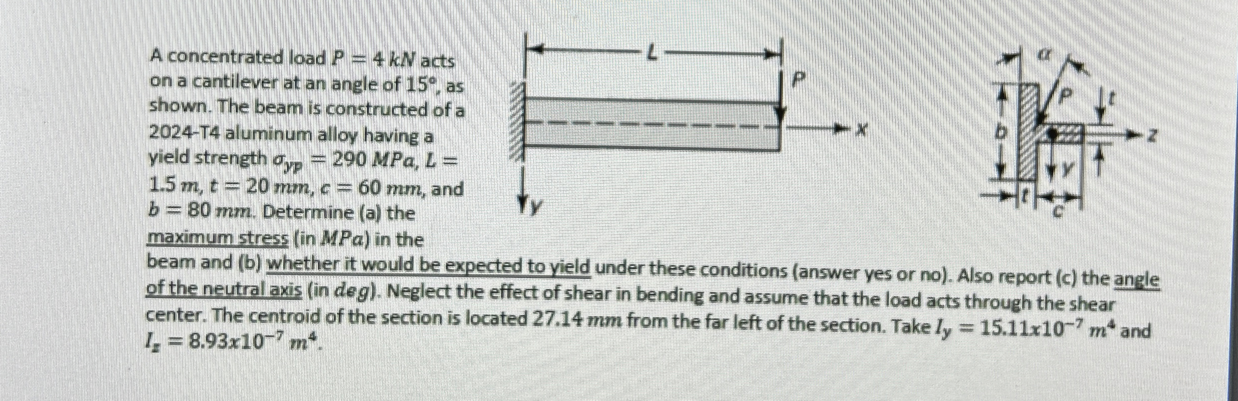 A concentrated load P = 4 k N acts on a
