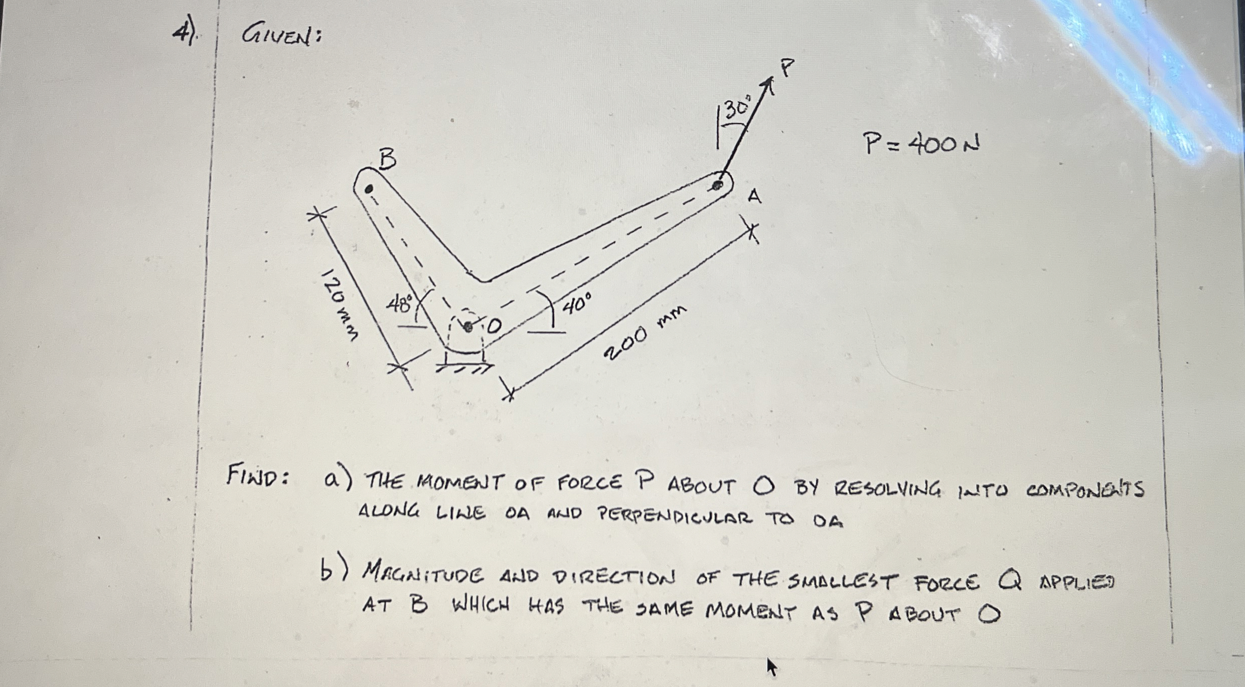 GIVEN: FIND: a ) THE MOMENT OF FORCE P ABOUT O BY