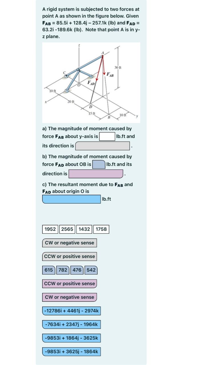 A rigid system is subjected to two forces at