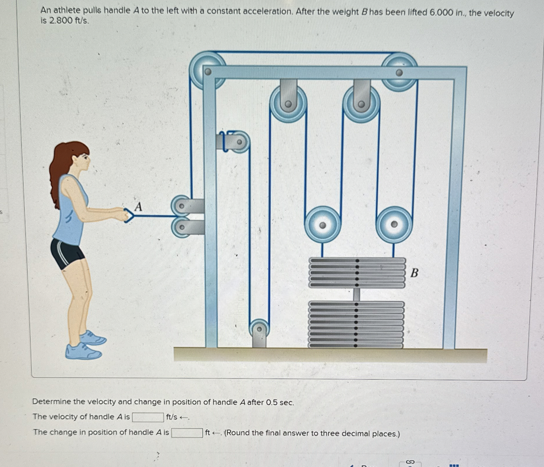 An athlete pulls handle A to the left with a