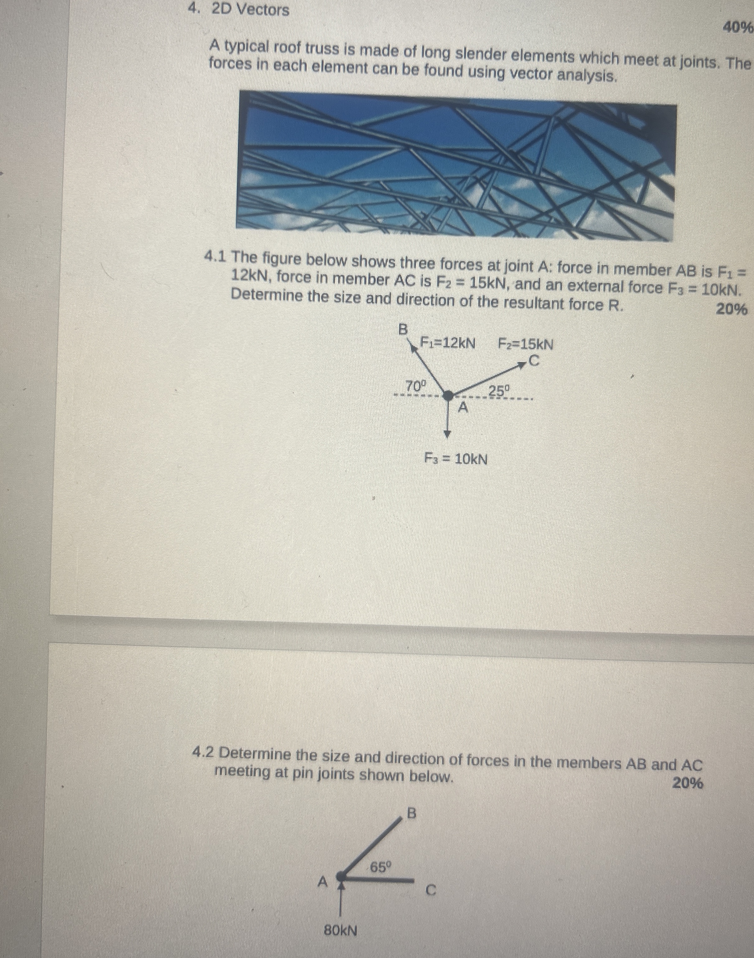 2 D Vectors 4 0 % A typical roof truss is made of