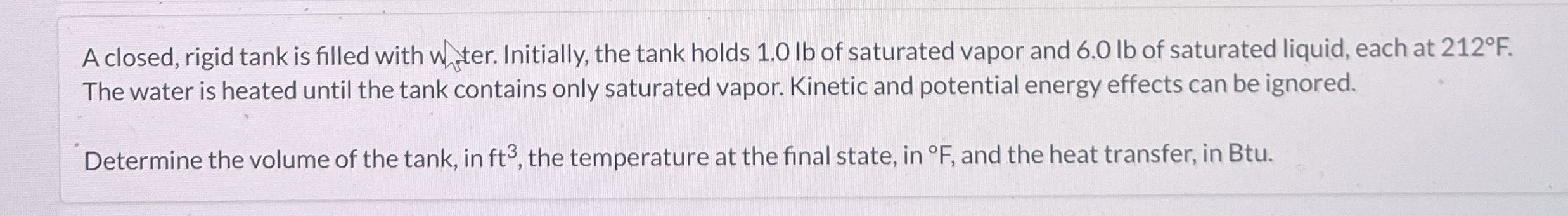 A closed, rigid tank is filled with whter.