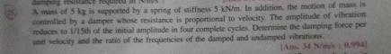 A mass of 5 kg is supponed by a spring of