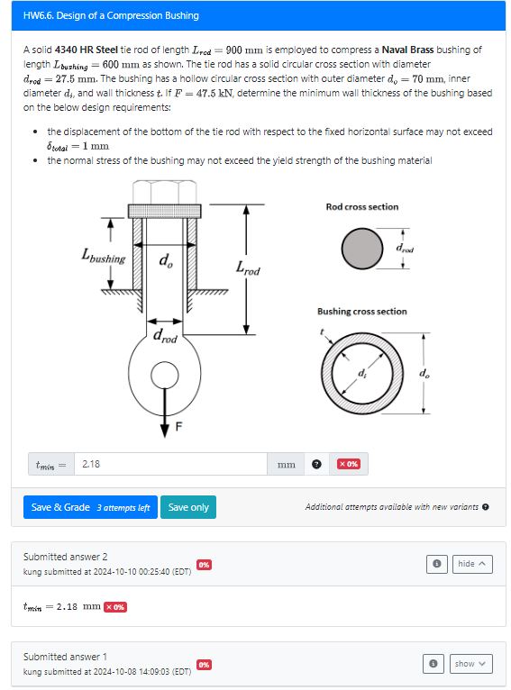 A solid 4 3 4 0 HR Steel tie rod of length Lrod =