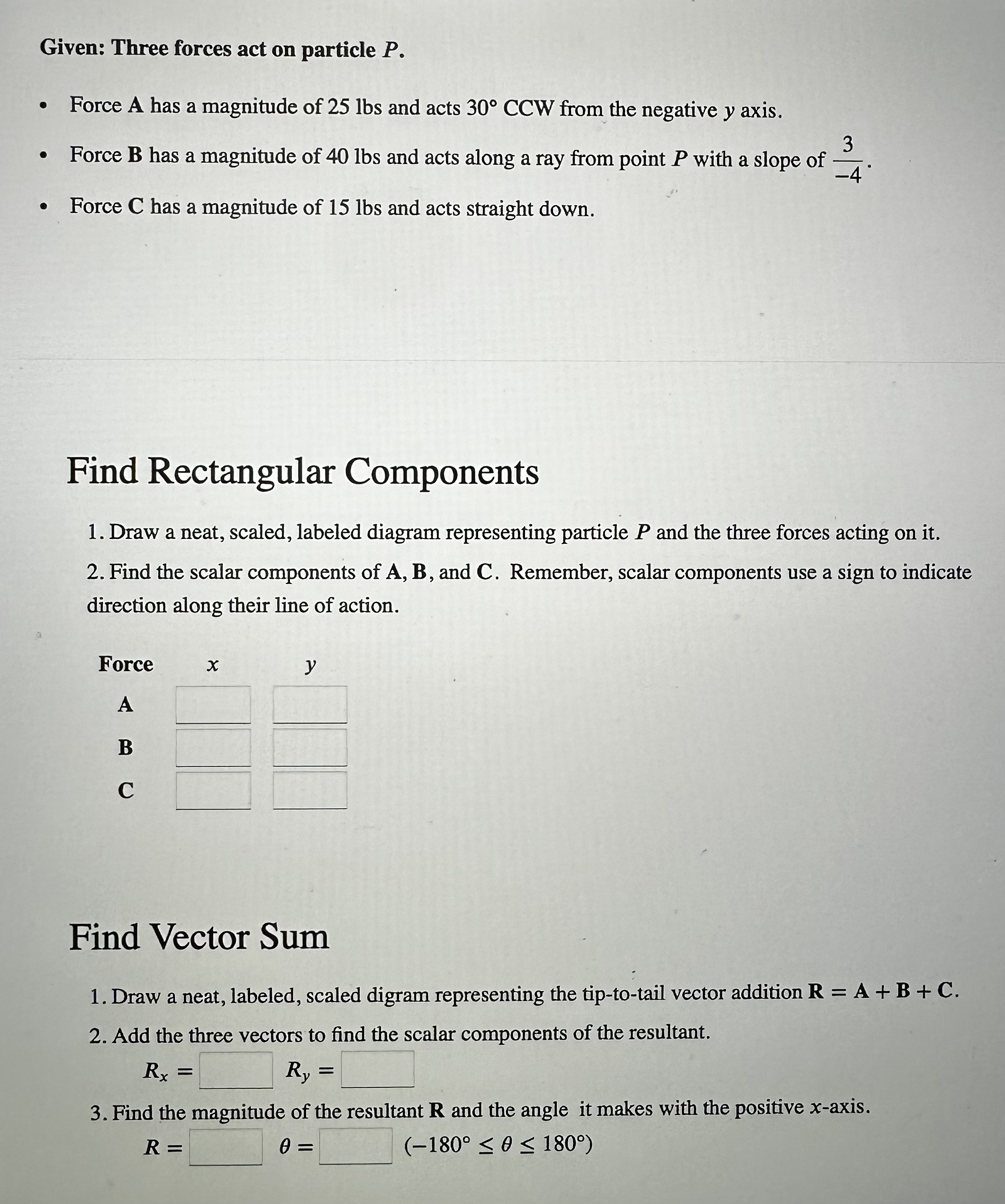 Given: Three forces act on particle P . Force A