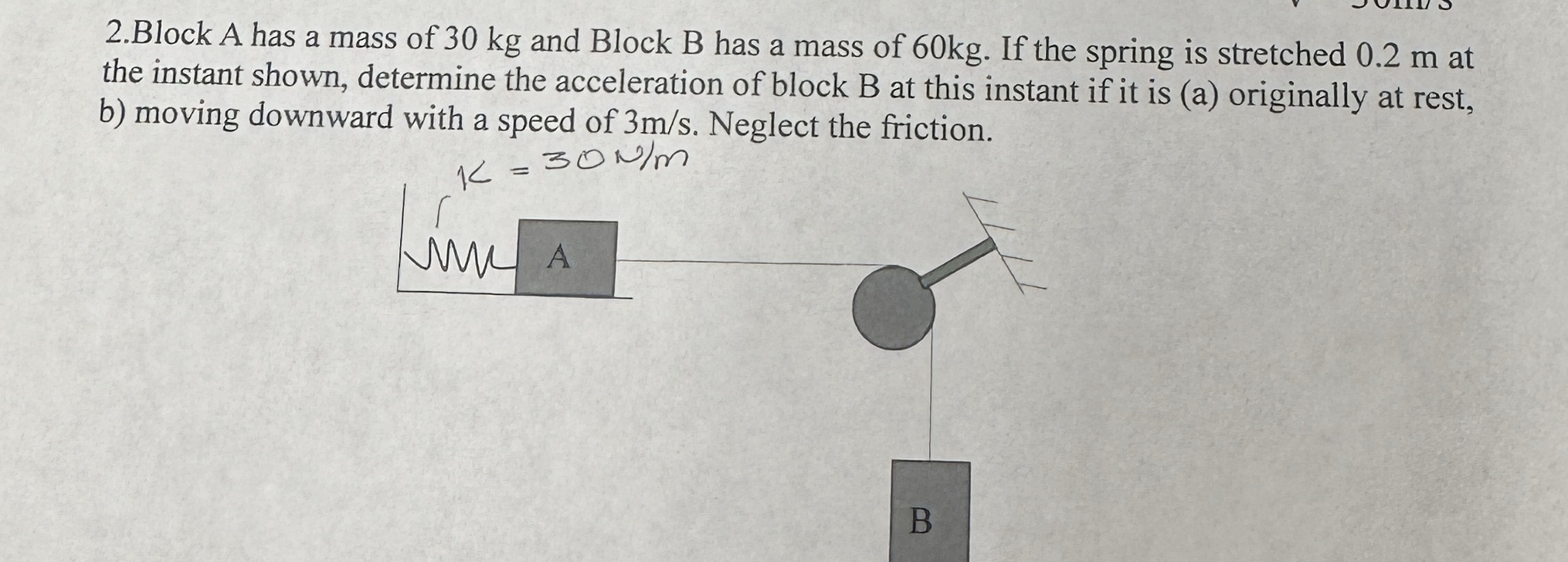 2 . Block A has a mass of 3 0 kg and Block B has